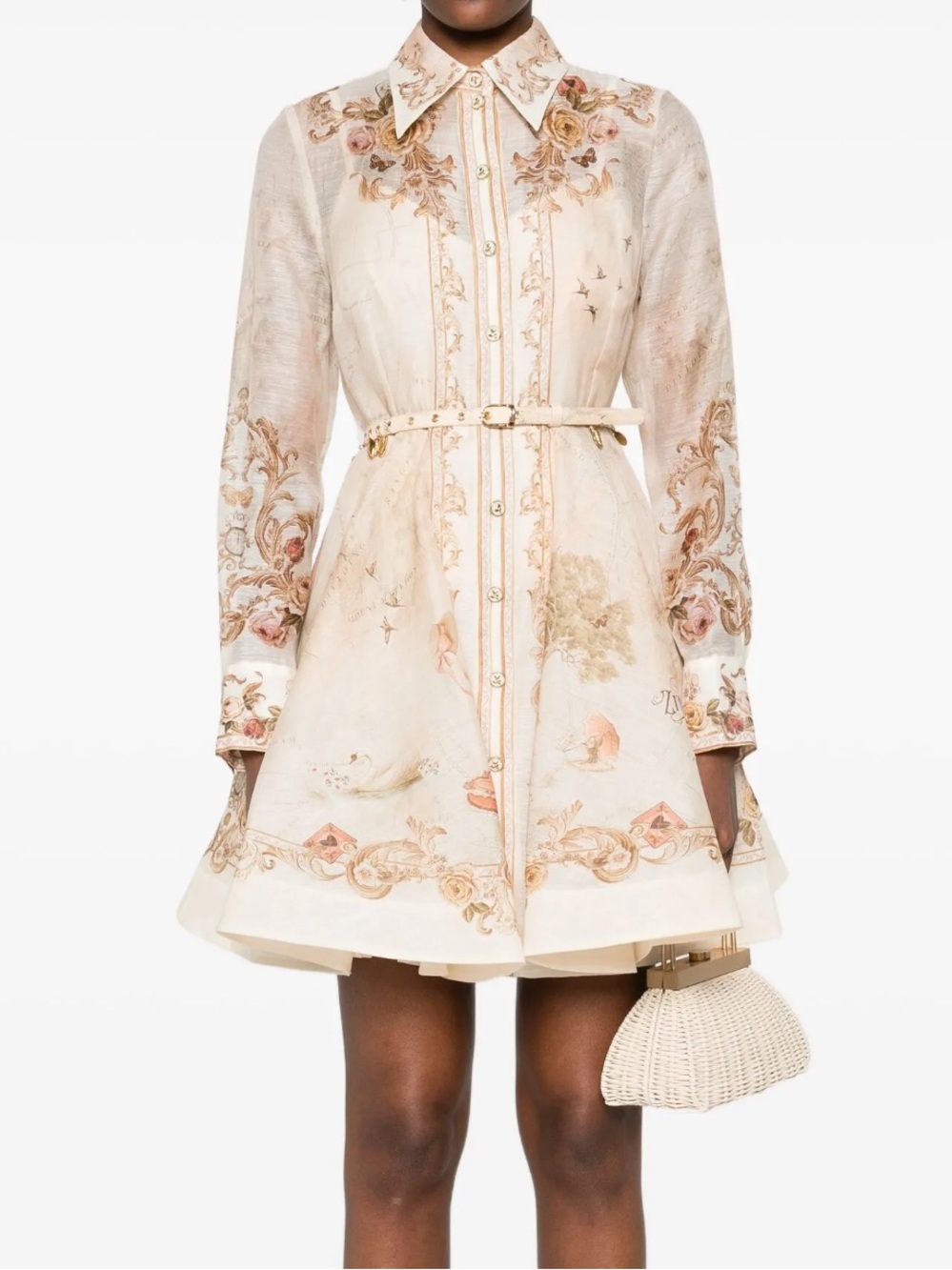Zimmermann Cream and Gold Floral Button-Front Long Sleeve Dress